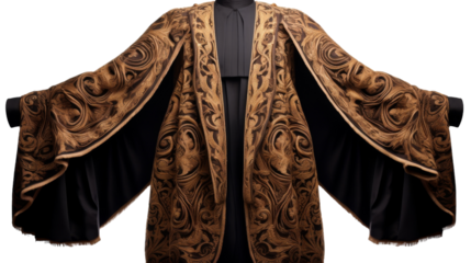 A brown and black jacket layered over a sleek black shirt