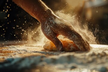 Close-up of baker's hands kneading dough with flour on a wooden surface - obrazy, fototapety, plakaty