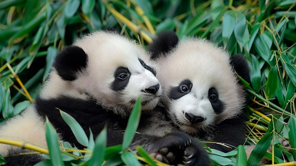 two pandas eating bamboo