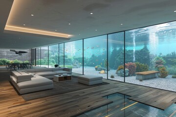 Luxurious living room effortlessly blends with a grand, lively aquarium - 773847417