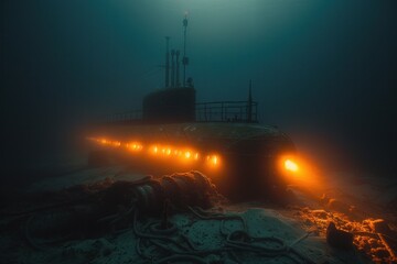 Dark underwater scene with a submarine's glowing lights piercing the murky depths - 773847435