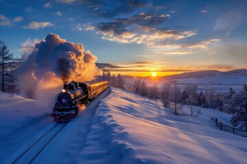 Vintage train chugs through a snowy landscape as the sun sets, casting a warm glow - 773847437