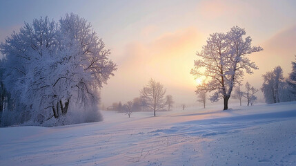 Obraz premium A picturesque snow-covered landscape bathed in the soft glow of dawn, with frosted trees and a serene atmosphere welcoming the day. Good winter morning!