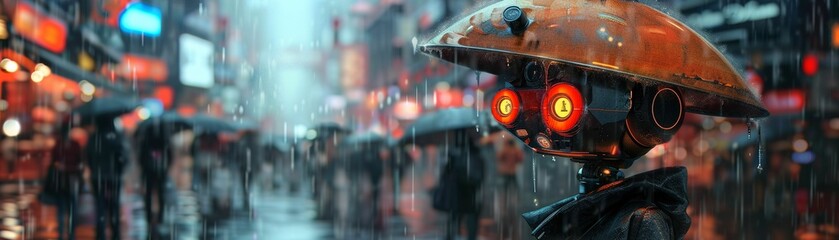 Whimsical Robot, propeller hat, mechanical marvel, wandering through a futuristic marketplace, during a light drizzle, digital painting, with a chromatic aberration effect for a touch of sci-fi flair