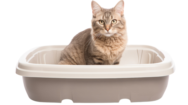 A cat happily sits in a plastic litter box