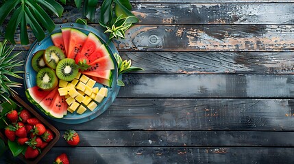 colorful fruit platter flat lay against rustic wood background