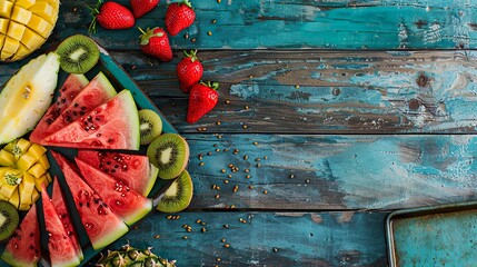 colorful fruit platter flat lay against rustic wood background