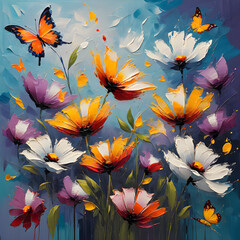 Background with Flowers. Garden Butterflies Dance Around Vibrant Painted Flowers, Enchanting the Scene. 