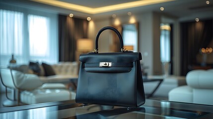 A sleek leather handbag takes center stage on a sleek glass table. Its minimalist design and flawless craftsmanship exude modern sophistication, casting subtle reflections in the ambient light.