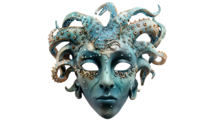 A vibrant blue mask featuring a detailed octopus design, creating an intriguing underwater guardian aesthetic