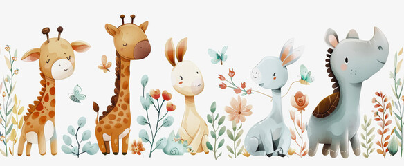 Illustration of cute cartoon animals including two giraffes, a rabbit, and a rhino amidst whimsical flowers and butterflies. - obrazy, fototapety, plakaty