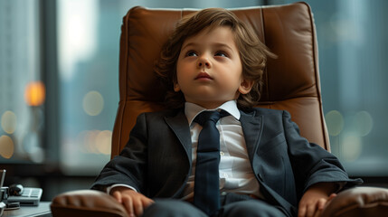 A boy dressed in a suit sits in an office chair, embodying a young businessman concept. Generative AI