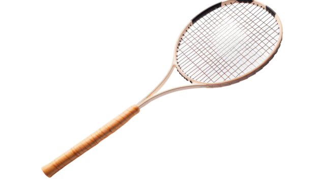 A close up of a tennis racket with strings and handle, isolated on a white background