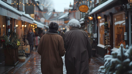 Fototapeta na wymiar Two Senior Women Enjoying a Leisurely Walk in a Quaint UK Town