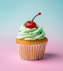 A cupcake with lime green frosting and one cherry on top, centered against a vibrant blue pink background in the style of product photography. Neon colors.