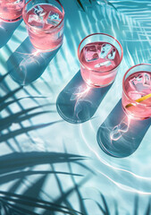 Pink drinks in glasses with lemonade and ice cubes by pool. Palm leaves, shadows, pastel blue background. Minimal summer aesthetic.