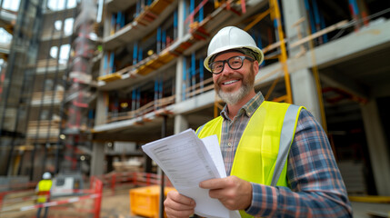 Fototapeta na wymiar Smiling man wearing a hard hat and reflective vest at a construction site with plans in hand. Ai generative illustration
