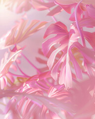 Pink plants, monstera leaves, light pink pastel background, dreamy, minimalistic, ethereal...