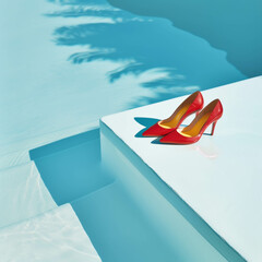 Bright red high heels on the edge of an pool. Shadowplay, pastel yellow and soft blue colors, minimalistic. Summer vibes in the style of pastel aesthetic.