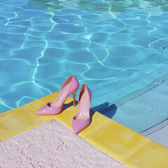 Bright pink high heels on the edge of an pool.  Pastel yellow and soft blue colors. Minimalistic, summer vibes in the style of pastel aesthetic.