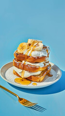 Retro food breakfast photography of a stack french toast with cream and banana, on white plate, pastel blue background. Vibrant pastels.