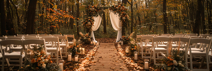 Forest wedding ceremony setup with white chairs and floral archway. Rustic wedding aisle decorated with flowers and candles. Outdoor nuptials theme for design and print. Panoramic view with copy space