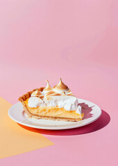 Food photography of lemon meringue pie on a white plate agains pastel pink background.