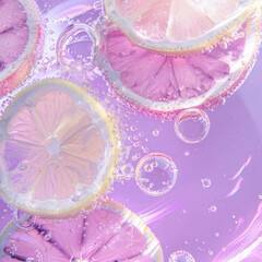 Lemone slices in sparkling water, flat lay, close up, pink and purple pastel aesthetic, dreamy. Cosmetic background.