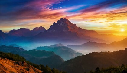 Scenic view of mountain ranges with colorful sky, nature landscape