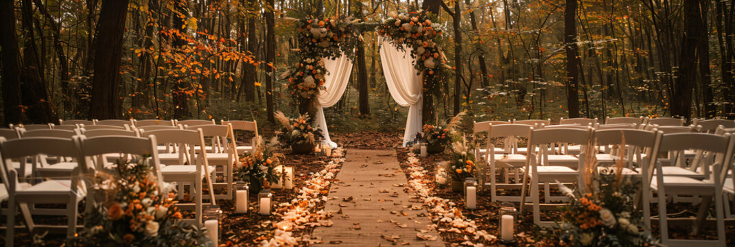 Forest wedding ceremony setup with white chairs and floral archway. Rustic wedding aisle decorated with flowers and candles. Outdoor nuptials theme for design and print. Panoramic view with copy space