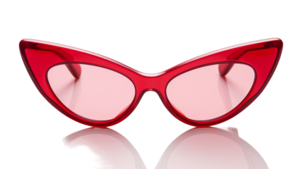 Red cat-eye sunglasses resting on a crisp white background