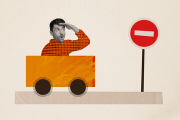 Composite photo collage of astonished guy driver cabriolet vehicle road forbidden sign no passage...