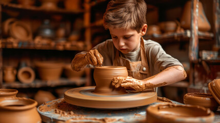 A child is engaging in pottery, appearing focused as hands shape the clay on a spinning wheel amidst ceramic works. Generative AI