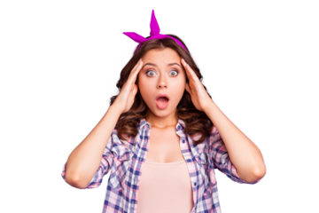 Portrait of nice stunned frightened sweet lovely attractive pretty lady wearing head band hands touching face isolated over violet pastel background