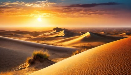 Magnificent view of a sandy desert dunes with groins at bright sunset - obrazy, fototapety, plakaty
