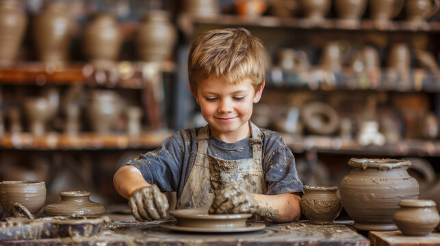A happy kid working with clay at a pottery workshop, creating ceramic items with skilled hands. Generative AI