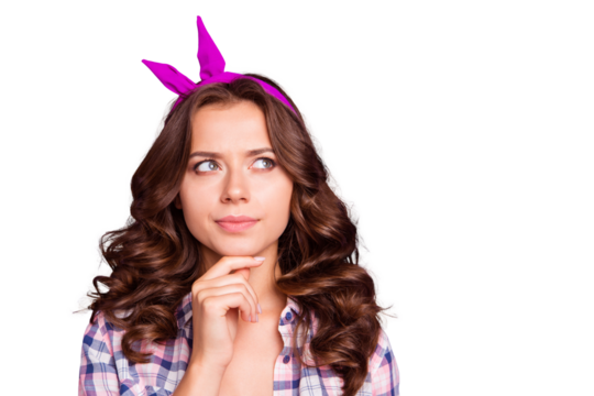 Close-up portrait of her she nice sweet lovely adorable attractive pretty calm lady wearing head band looking aside up touching chin isolated over violet pastel background