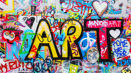 Naklejka premium Urban street graffiti tag on wall with typography word ART in bright colorful bold creative design with spray can paint for positive graf artist school class ai education campaign banner background 