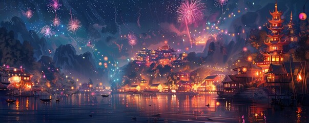 Diwali festival in India: homes and streets are illuminated with colorful lights and fireworks as families come together to celebrate the triumph of light over darkness. Art illustration - obrazy, fototapety, plakaty