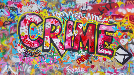 Wall of bright fun spray paint graffiti words CRIME street art for criminal justice law campaign or teen youth safety education programs awareness banner background urban city warning police backdrop