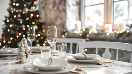 Empty white table with christmas dining room and tree in the bac
