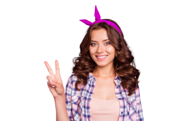 Portrait of nice cool cheerful cheery glad sweet tender lovely adorable attractive playful mood lady showing v-sign isolated over violet pastel background