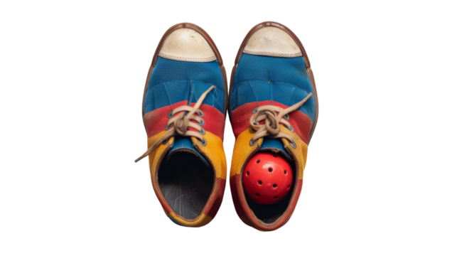 Unique pair of shoes supporting a bowling ball on top