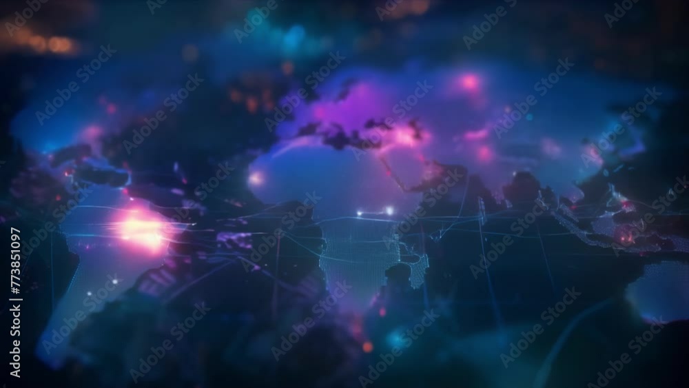 Poster a blurred world map is shown in a dark setting, highlighting global geography in an interactive disp