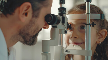 An ophthalmologist checks the child's eyesight on a device in the office of the polyclinic. - obrazy, fototapety, plakaty