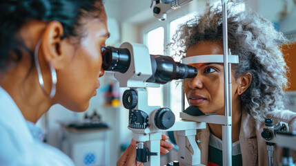 An ophthalmologist checks an woman's eyesight on a device in the office of the polyclinic. - obrazy, fototapety, plakaty