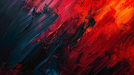 Bold strokes of crimson, orange, and deep indigo merging seamlessly on a canvas of black, creating a dramatic and captivating gradient that captivates the eye.