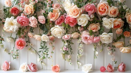 A symphony of delicate roses, peonies, and lilies cascading down against a pristine white backdrop, evoking pure elegance and love
