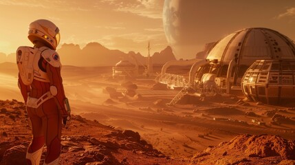 Astronaut Contemplating Space Colony on Mars-Like Planet