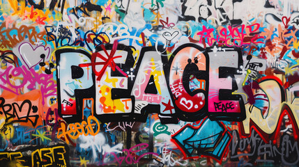 Graffiti wall street art graphic word Peace in bright colorful bold world harmony love care tranquility united artistic spray can paint mural design 